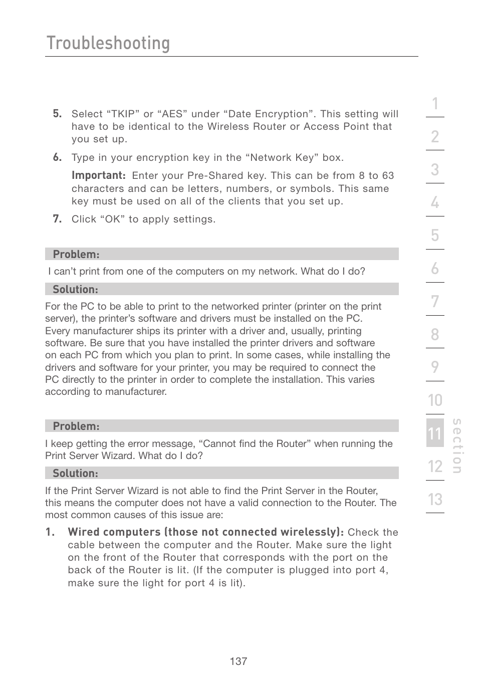 Troubleshooting, Se ct io n | Belkin F5D7231-4P User Manual | Page 139 / 146