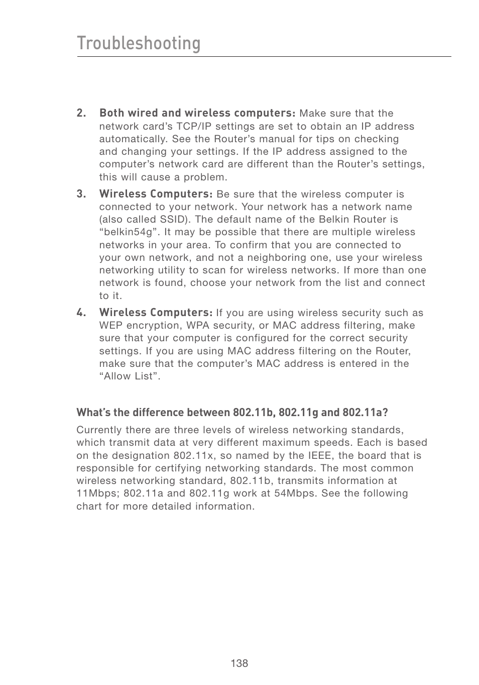 Troubleshooting | Belkin F5D7231-4P User Manual | Page 140 / 146
