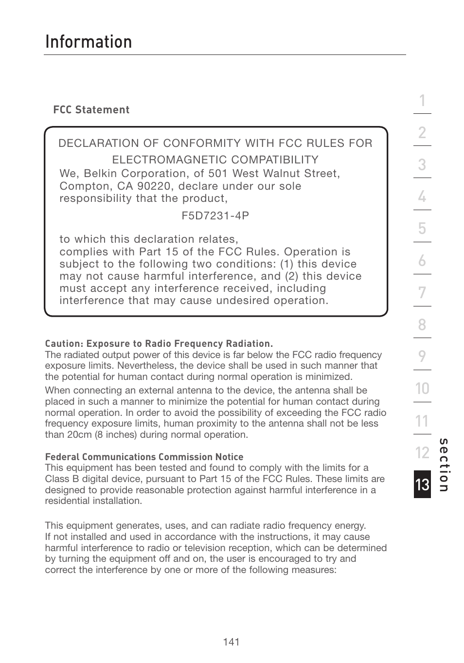Usb print server faqs information, Se ct io n | Belkin F5D7231-4P User Manual | Page 143 / 146
