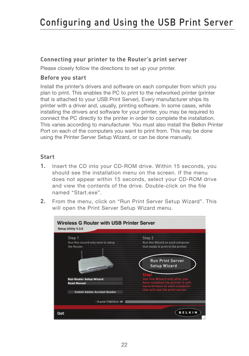 Configuring and using the usb print server | Belkin F5D7231-4P User Manual | Page 24 / 146