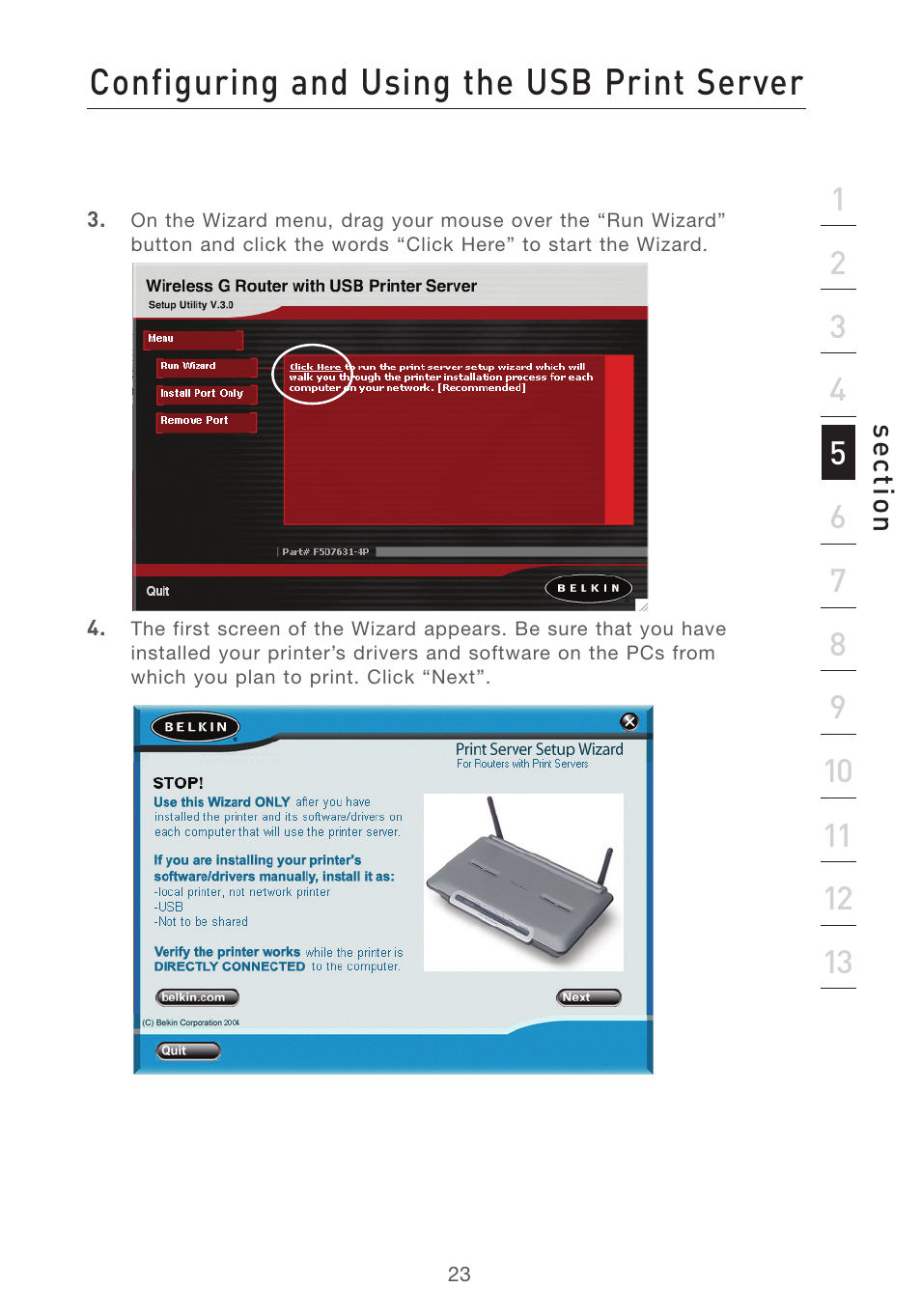 Configuring and using the usb print server | Belkin F5D7231-4P User Manual | Page 25 / 146