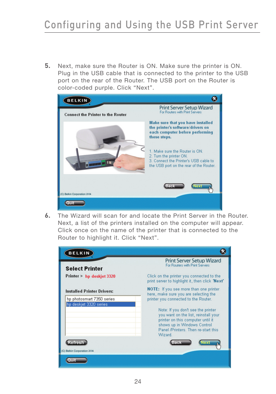 Configuring and using the usb print server | Belkin F5D7231-4P User Manual | Page 26 / 146