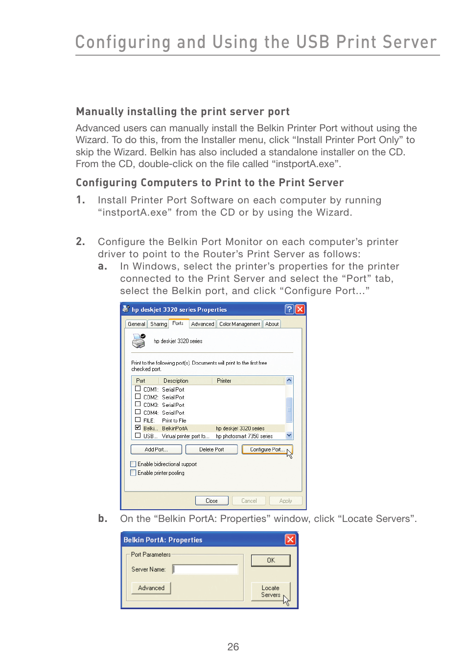 Configuring and using the usb print server | Belkin F5D7231-4P User Manual | Page 28 / 146