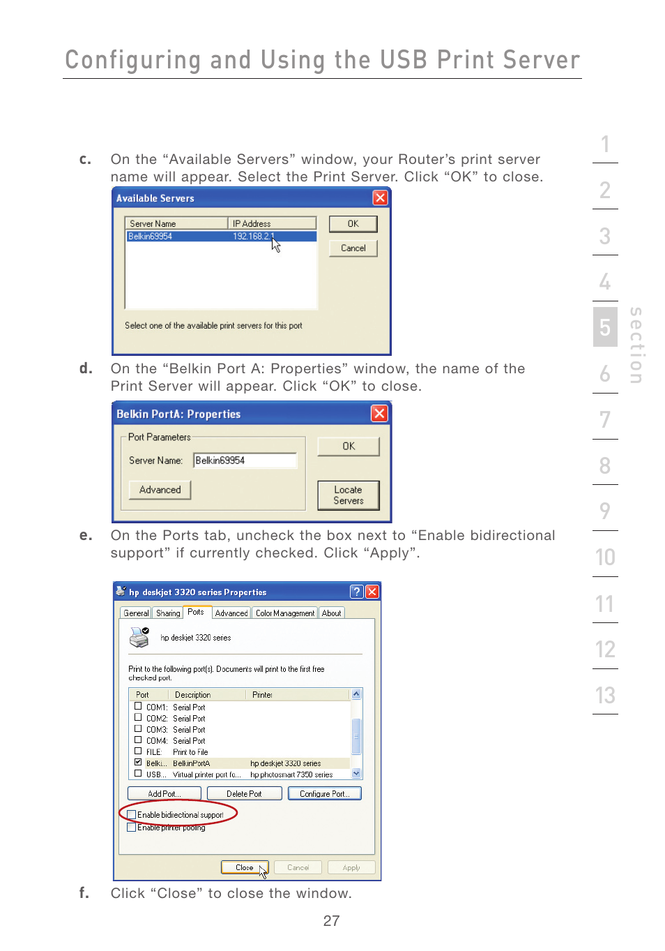 Configuring and using the usb print server | Belkin F5D7231-4P User Manual | Page 29 / 146