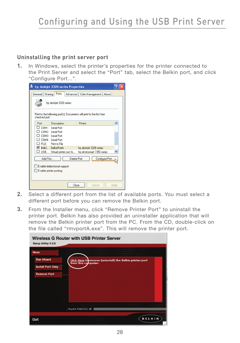 Configuring and using the usb print server | Belkin F5D7231-4P User Manual | Page 30 / 146