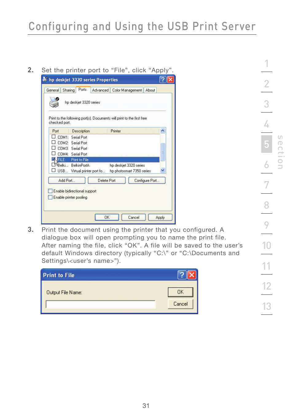 Configuring and using the usb print server | Belkin F5D7231-4P User Manual | Page 33 / 146