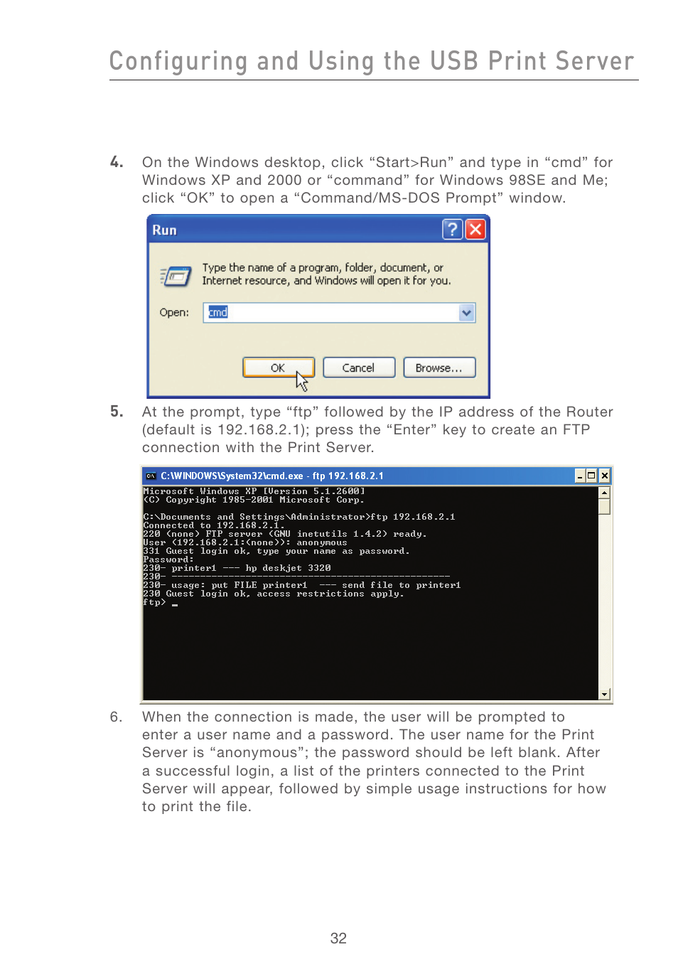 Configuring and using the usb print server | Belkin F5D7231-4P User Manual | Page 34 / 146