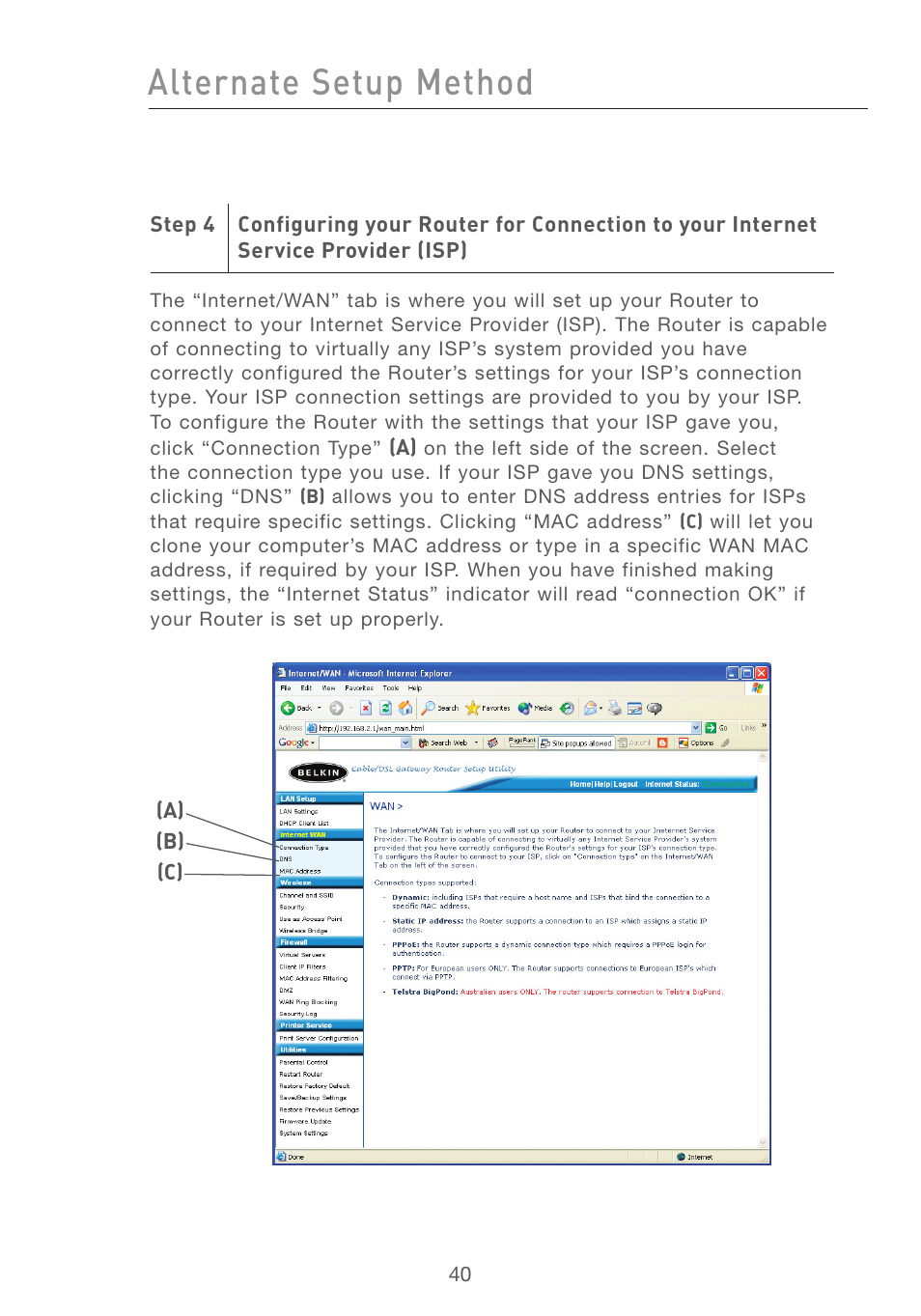 Alternate setup method | Belkin F5D7231-4P User Manual | Page 42 / 146