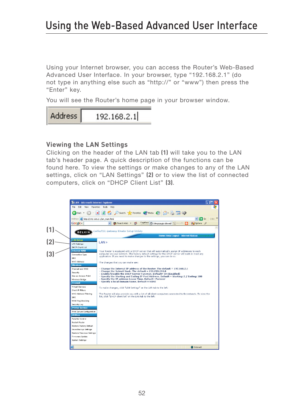 Using the web-based advanced user interface | Belkin F5D7231-4P User Manual | Page 54 / 146