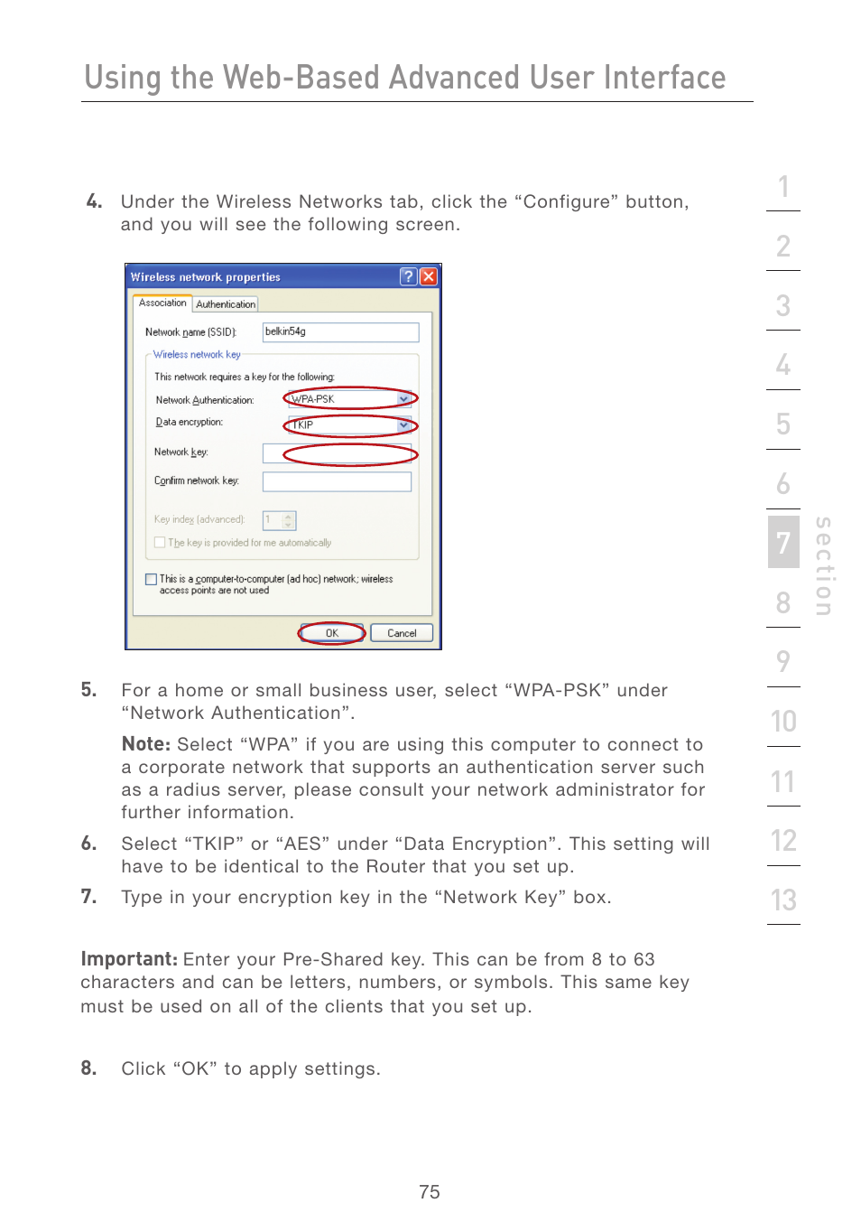 Using the web-based advanced user interface, Se ct io n | Belkin F5D7231-4P User Manual | Page 77 / 146