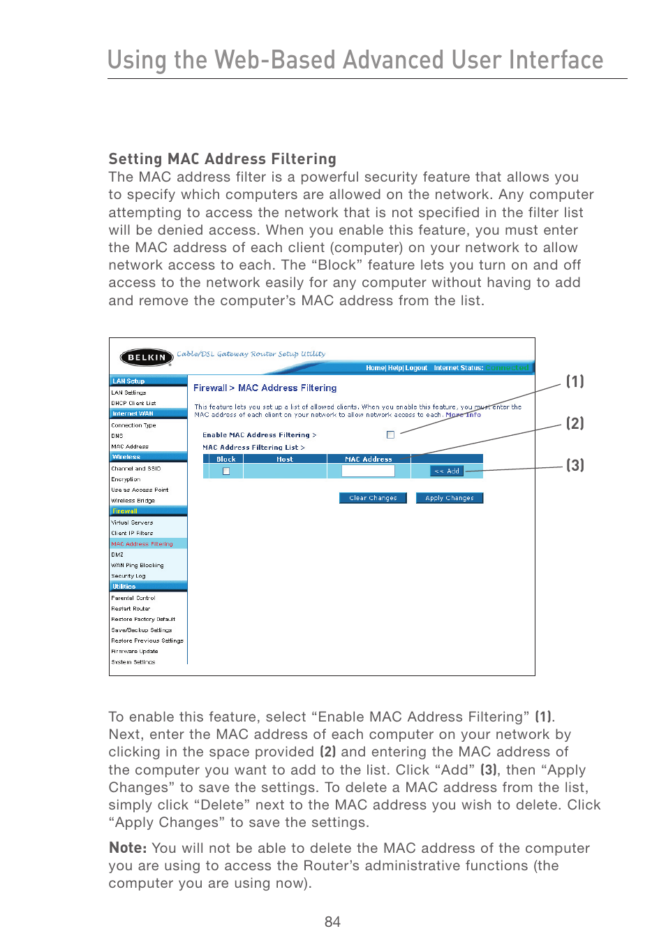 Using the web-based advanced user interface | Belkin F5D7231-4P User Manual | Page 86 / 146