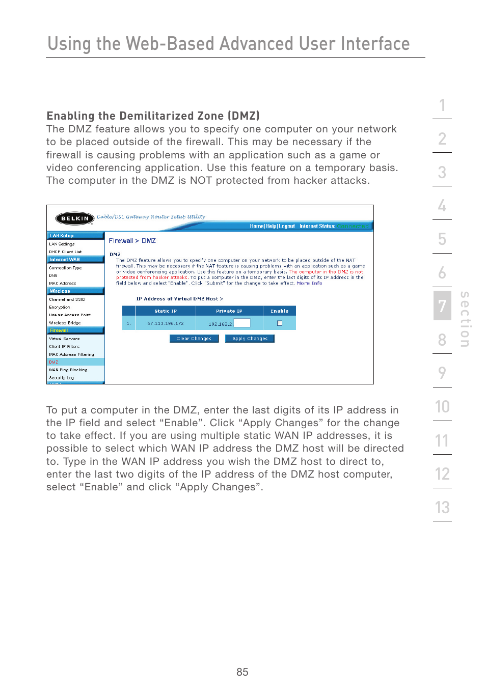 Using the web-based advanced user interface | Belkin F5D7231-4P User Manual | Page 87 / 146