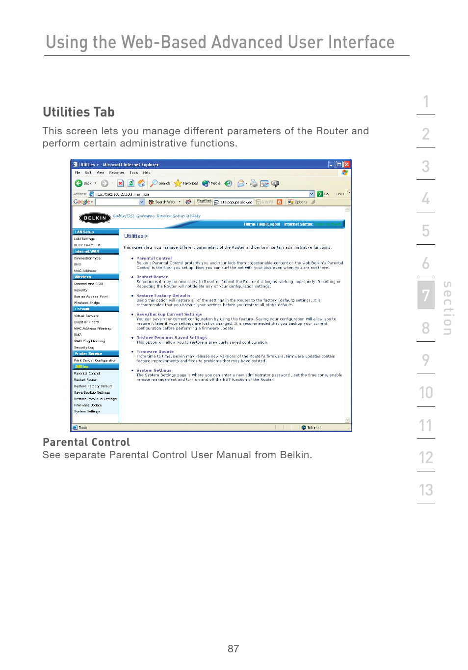 Using the web-based advanced user interface | Belkin F5D7231-4P User Manual | Page 89 / 146