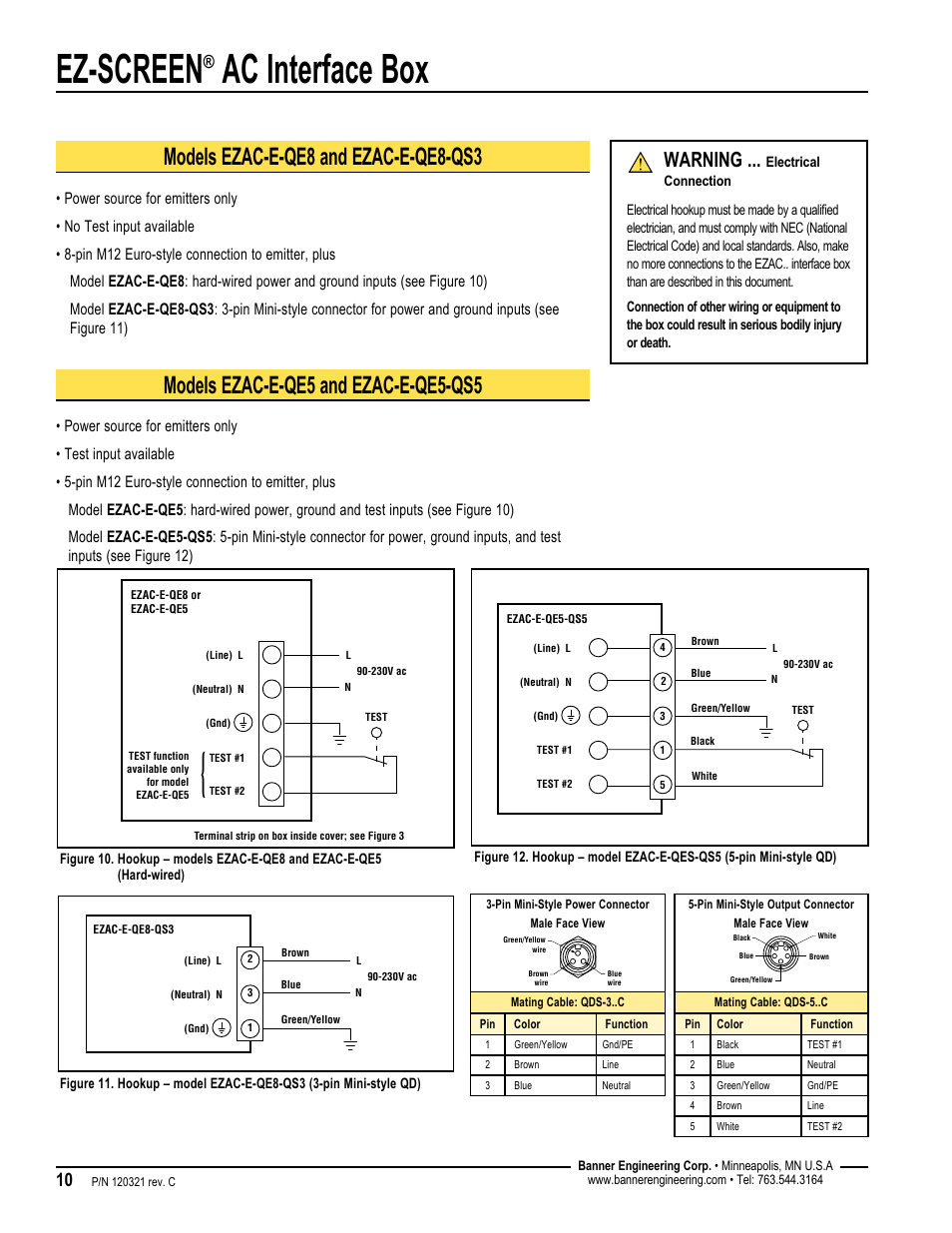 Ez-screen, Ac interface box, Models ezac-e-qe8 and ezac-e-qe8-qs3 | Models ezac-e-qe5 and ezac-e-qe5-qs5, Warning | Banner EZ-SCREEN­ Safety Light Curtain Systems User Manual | Page 10 / 16