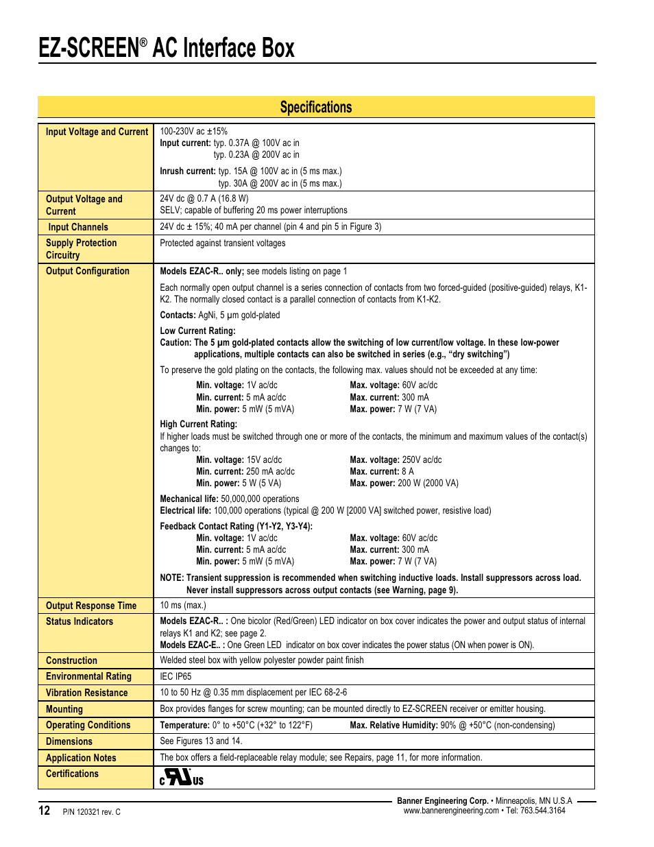 Ez-screen, Ac interface box, Specifications | Banner EZ-SCREEN­ Safety Light Curtain Systems User Manual | Page 12 / 16