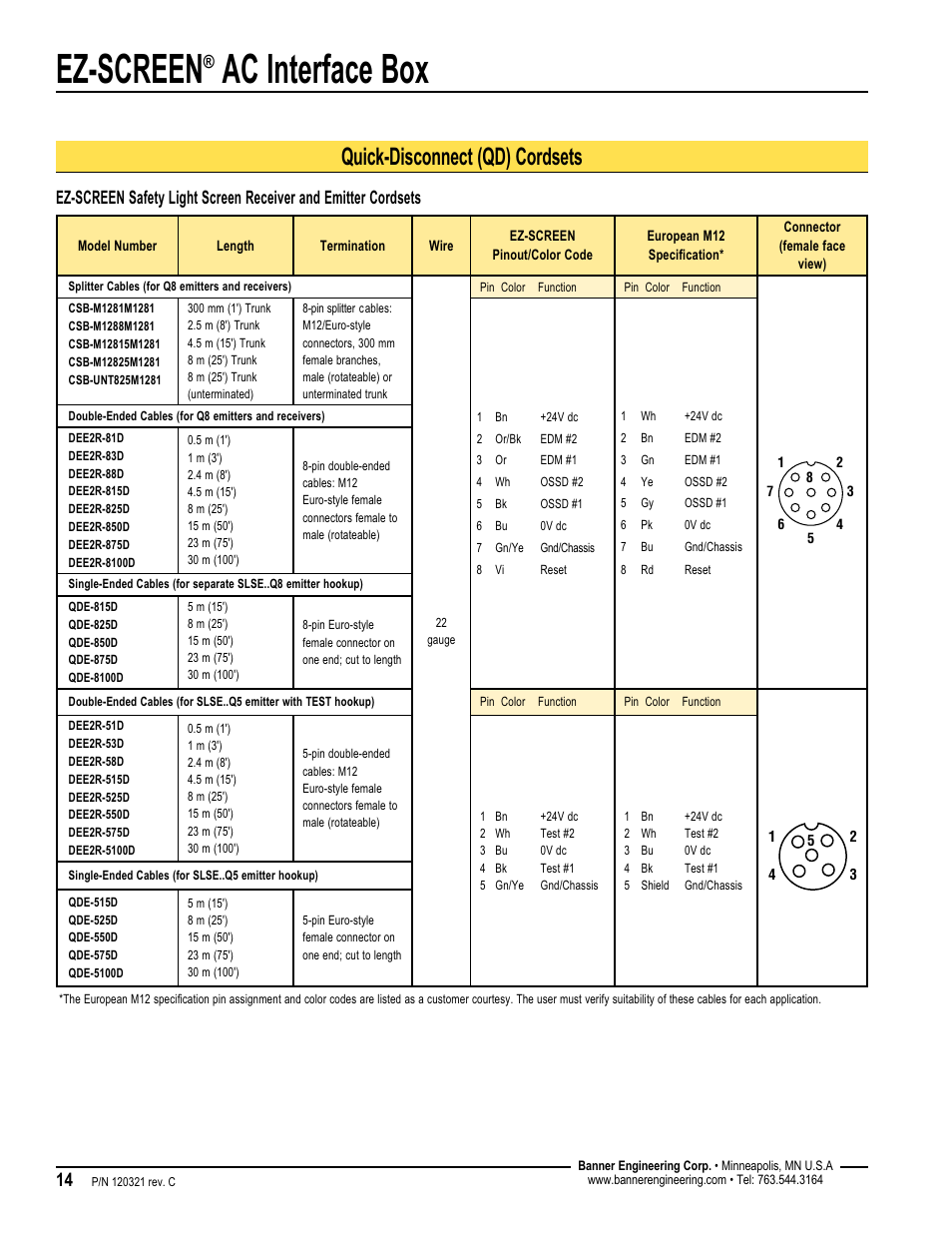 Ez-screen, Ac interface box, Quick-disconnect (qd) cordsets | Banner EZ-SCREEN­ Safety Light Curtain Systems User Manual | Page 14 / 16