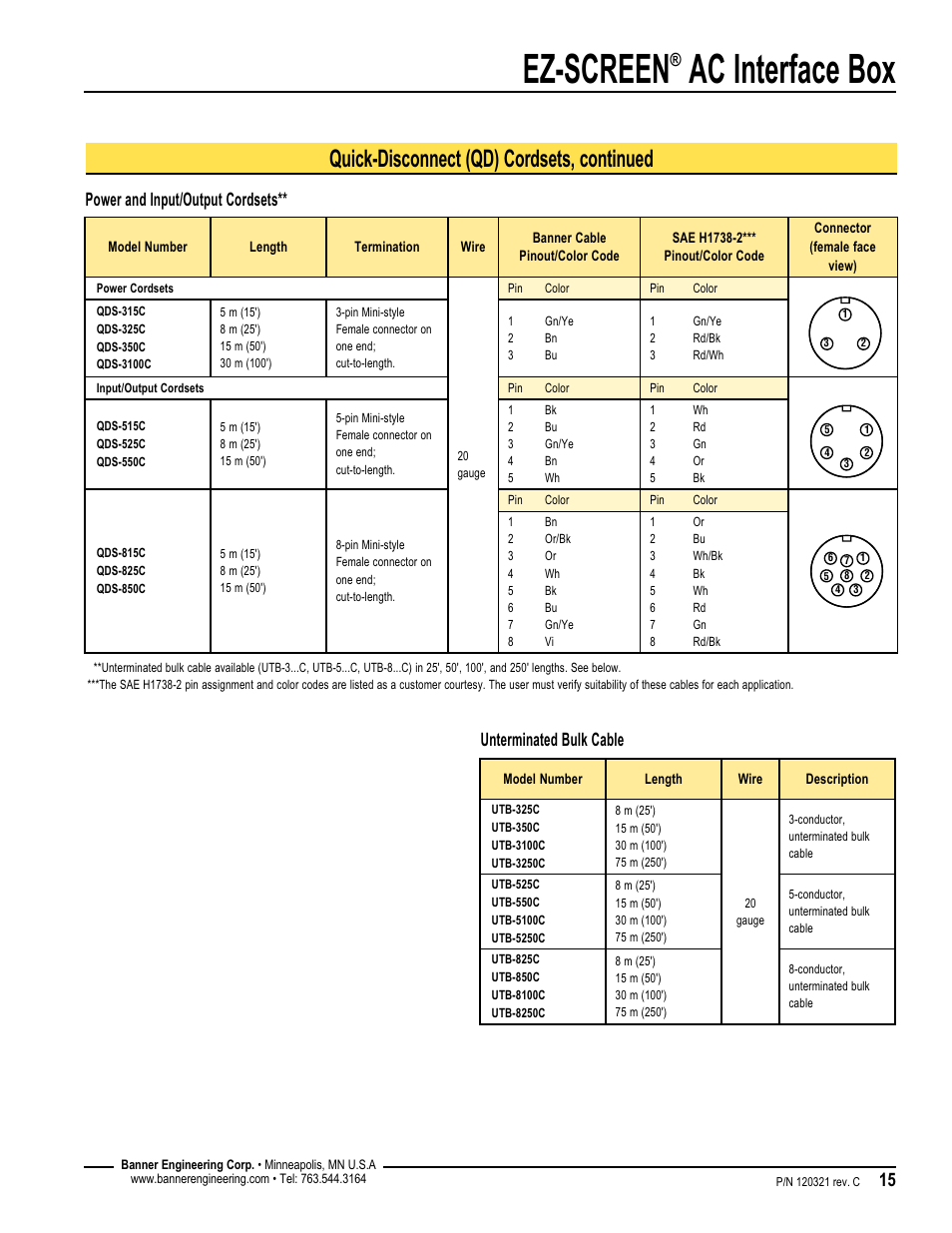 Ez-screen, Ac interface box, Quick-disconnect (qd) cordsets, continued | Power and input/output cordsets, Unterminated bulk cable | Banner EZ-SCREEN­ Safety Light Curtain Systems User Manual | Page 15 / 16