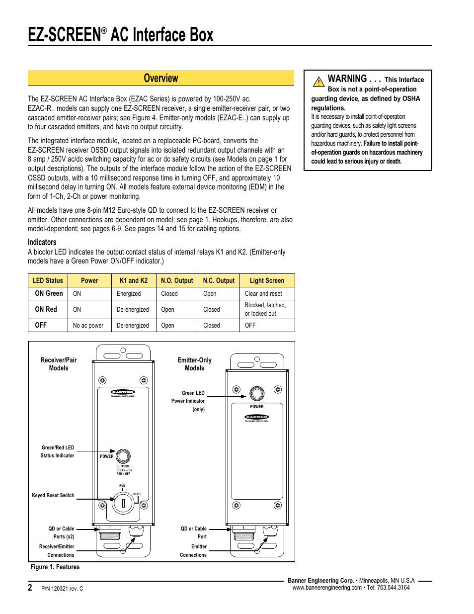 Ez-screen, Ac interface box, Overview | Warning, Indicators | Banner EZ-SCREEN­ Safety Light Curtain Systems User Manual | Page 2 / 16