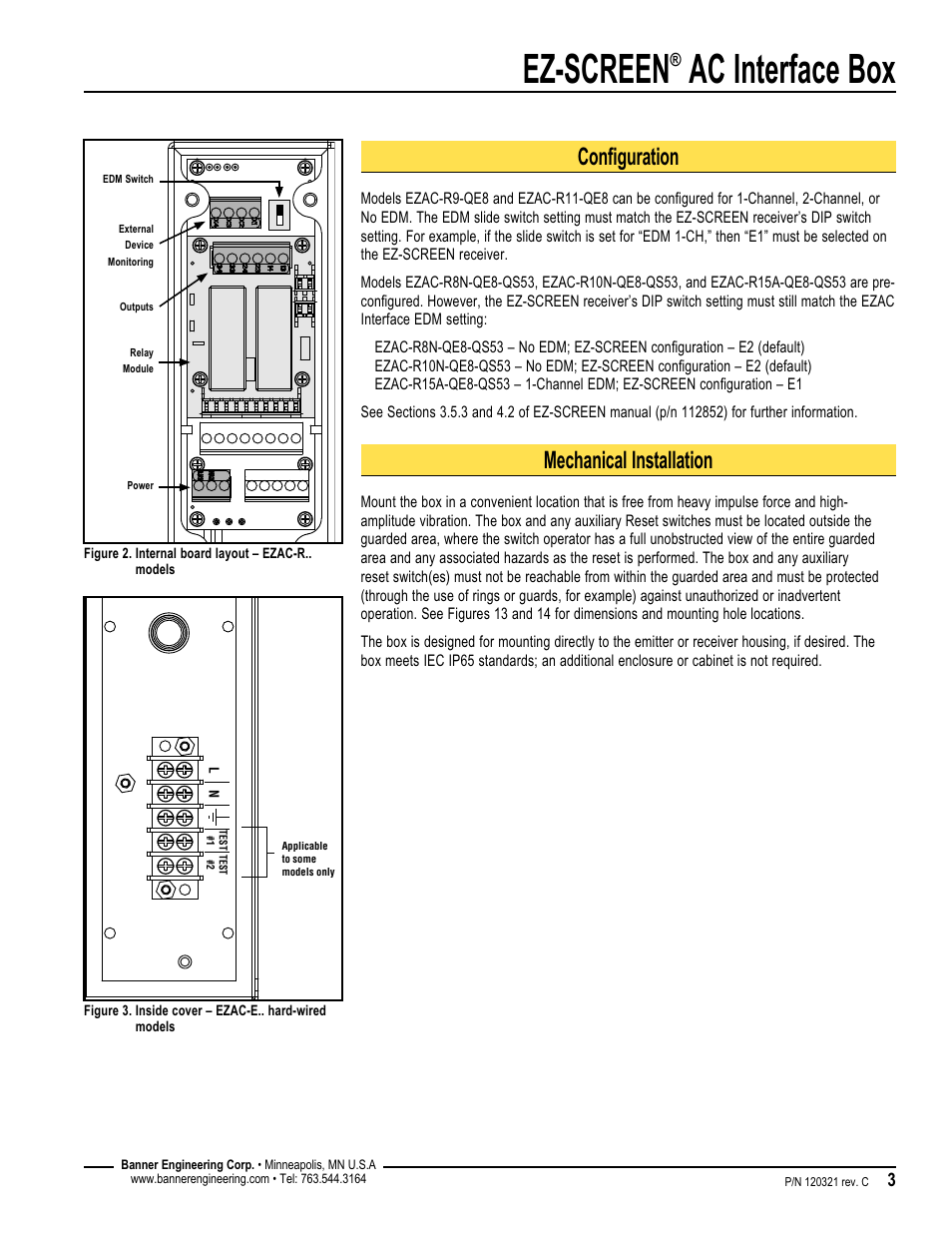 Ez-screen, Ac interface box, Configuration | Mechanical installation | Banner EZ-SCREEN­ Safety Light Curtain Systems User Manual | Page 3 / 16