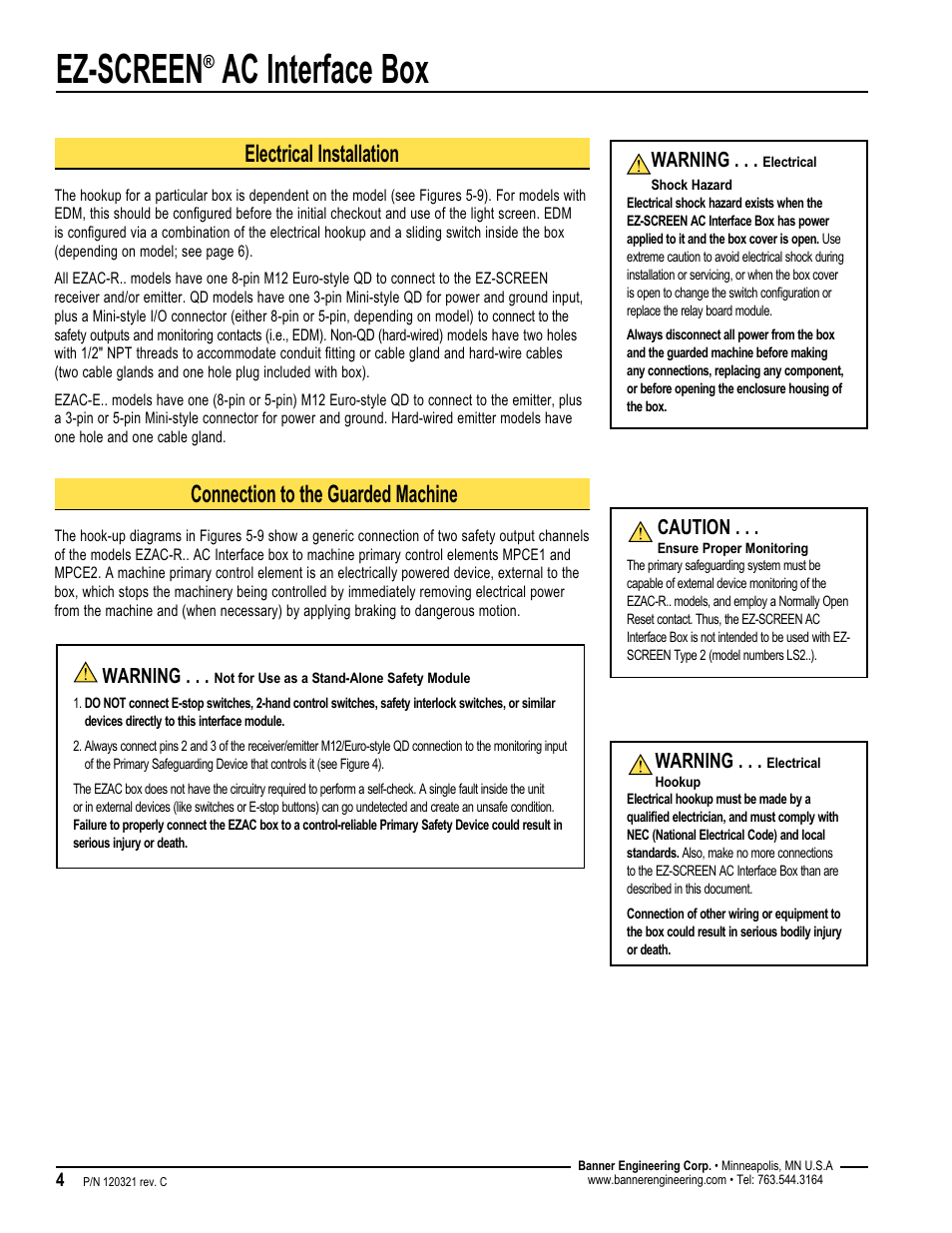 Ez-screen, Ac interface box, Electrical installation | Connection to the guarded machine | Banner EZ-SCREEN­ Safety Light Curtain Systems User Manual | Page 4 / 16