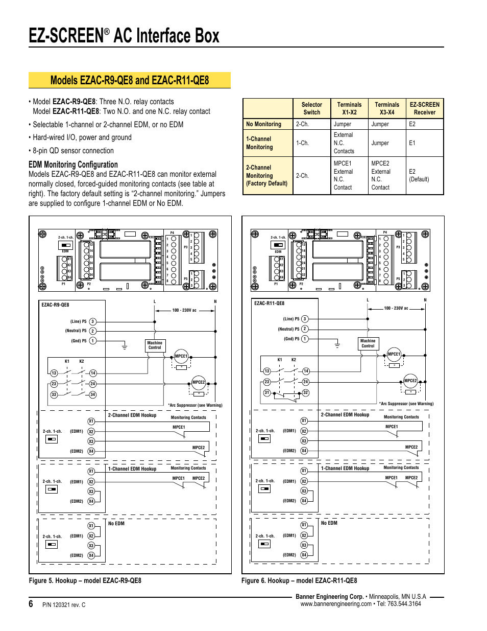 Ez-screen, Ac interface box, Edm monitoring configuration | Figure 5. hookup – model ezac-r9-qe8, Figure . hookup – model ezac-r11-qe8 | Banner EZ-SCREEN­ Safety Light Curtain Systems User Manual | Page 6 / 16