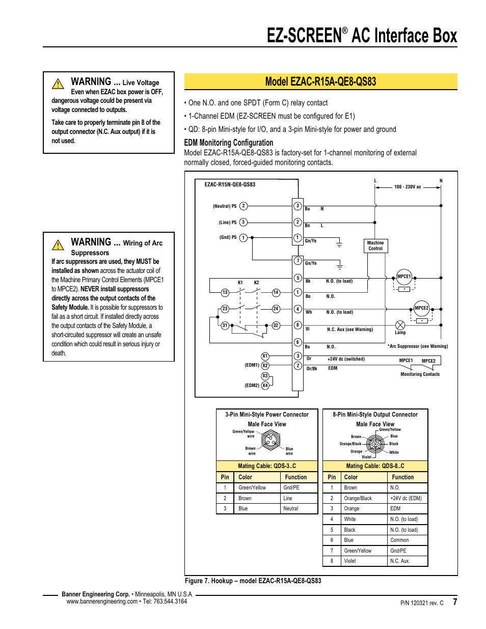 Ez-screen, Ac interface box, Warning | Edm monitoring configuration | Banner EZ-SCREEN­ Safety Light Curtain Systems User Manual | Page 7 / 16