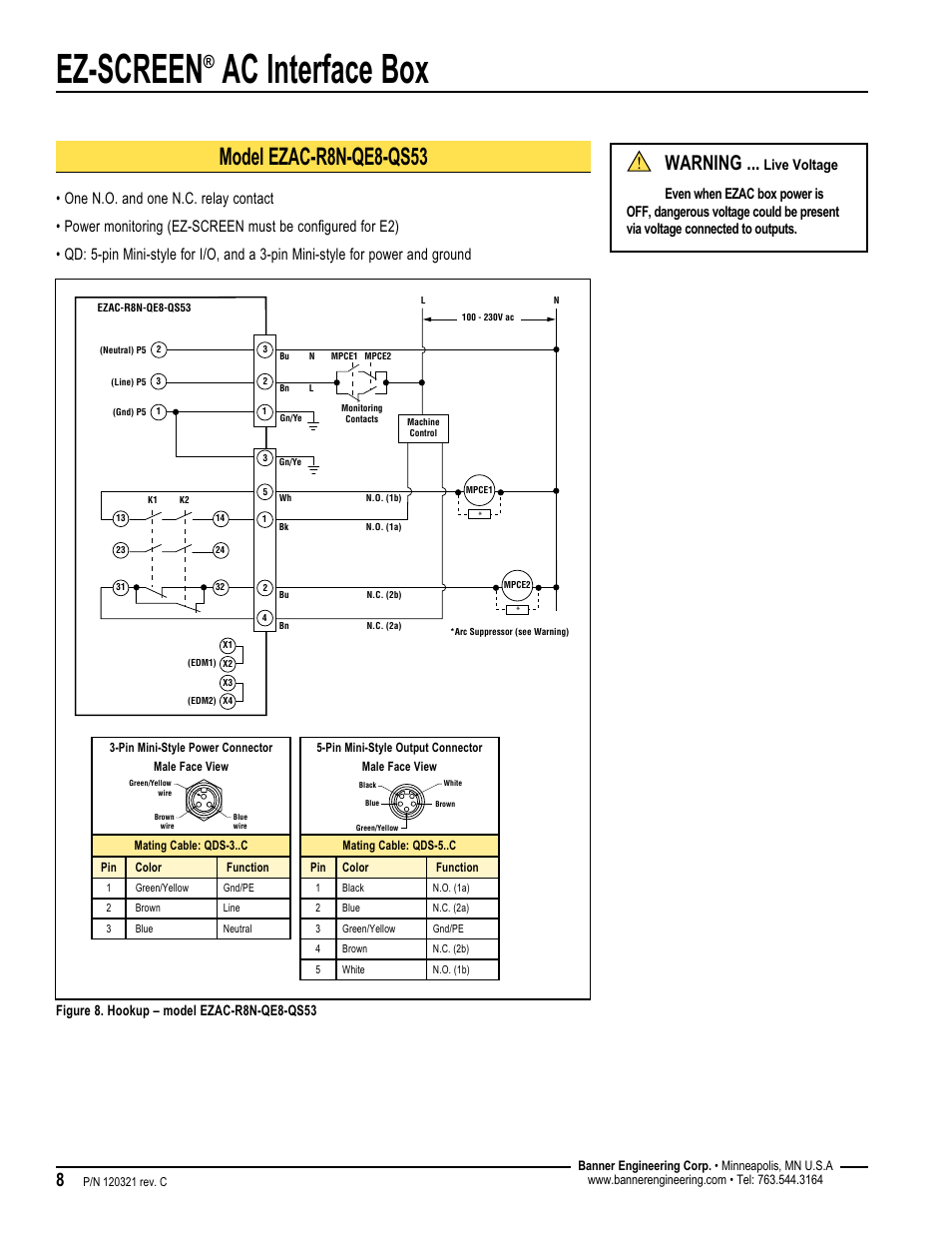 Ez-screen, Ac interface box, Model ezac-r8n-qe8-qs53 | Warning | Banner EZ-SCREEN­ Safety Light Curtain Systems User Manual | Page 8 / 16