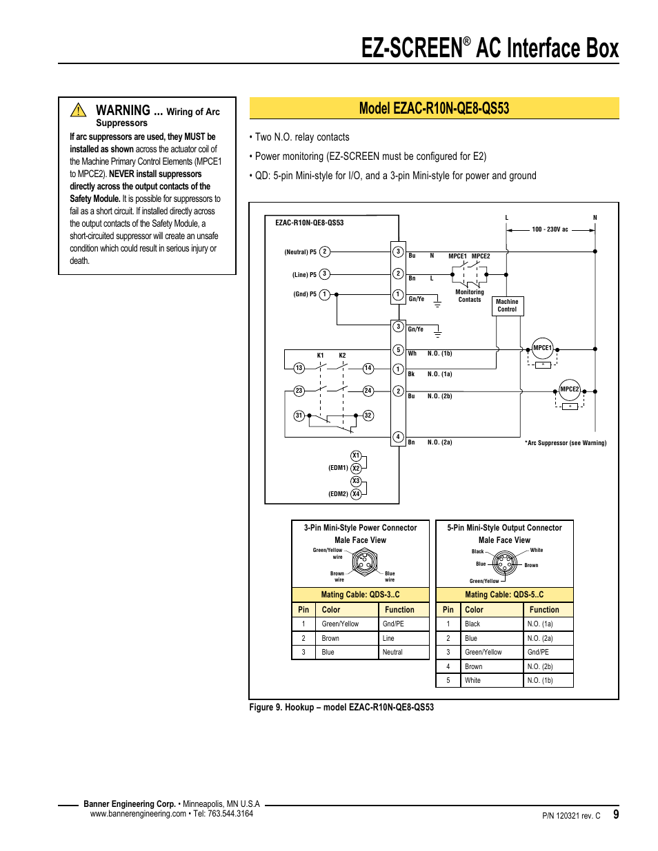 Ez-screen, Ac interface box, Warning | Banner EZ-SCREEN­ Safety Light Curtain Systems User Manual | Page 9 / 16