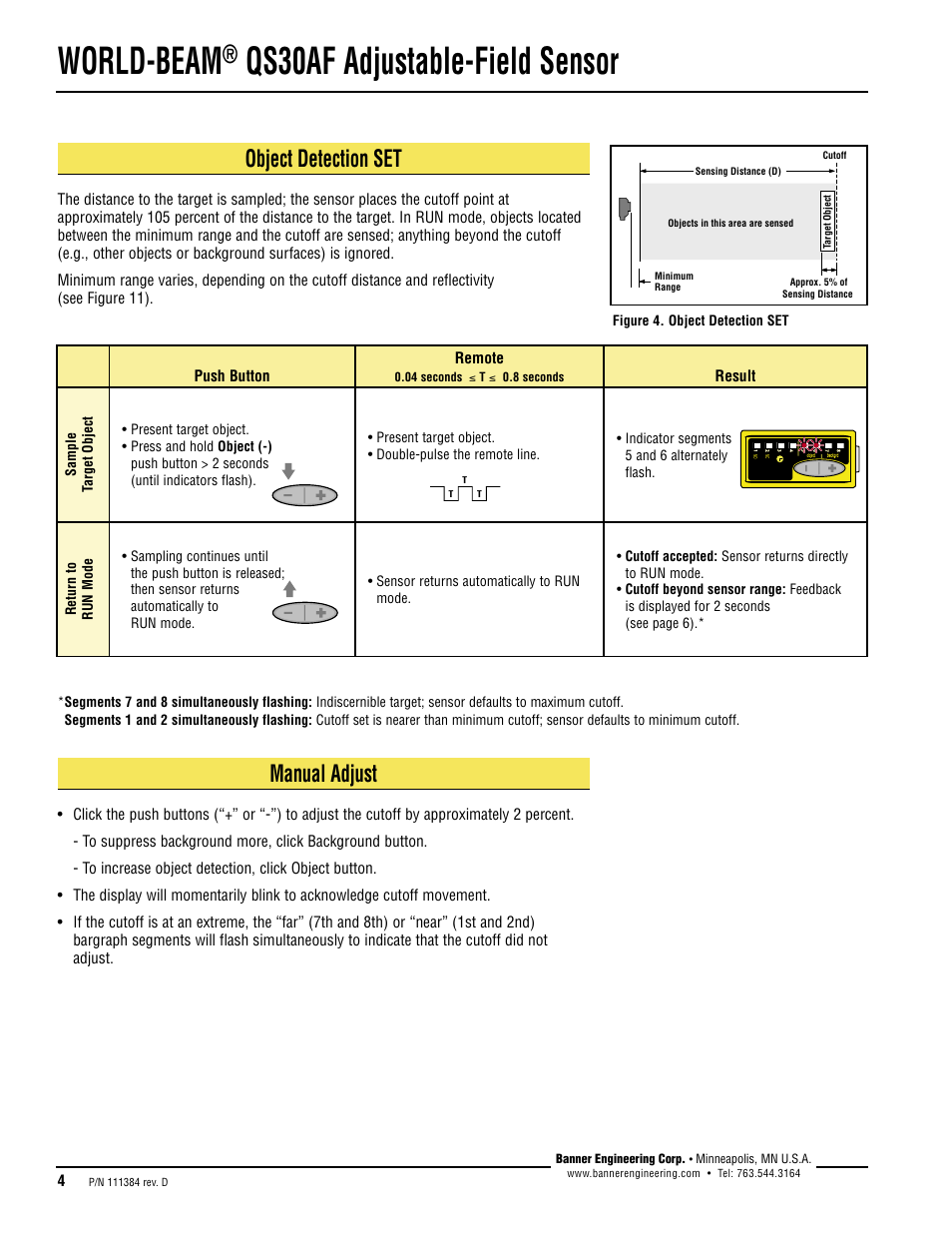 World-beam, Qs30af adjustable-field sensor, Object detection set | Manual adjust | Banner WORLD-BEAM QS30 Series User Manual | Page 4 / 12