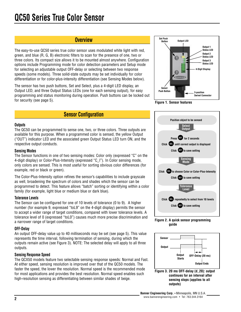 Qc50 series true color sensor, Overview, Sensor configuration | Outputs, Sensing modes, Tolerance levels, Off-delay, Sensing response speed | Banner QC50 Series User Manual | Page 2 / 8