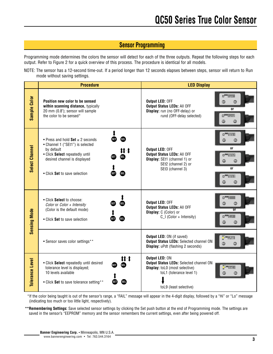 Qc50 series true color sensor, Sensor programming, Procedure led display sample color | Select channel, Sensing mode, Tolerance level | Banner QC50 Series User Manual | Page 3 / 8