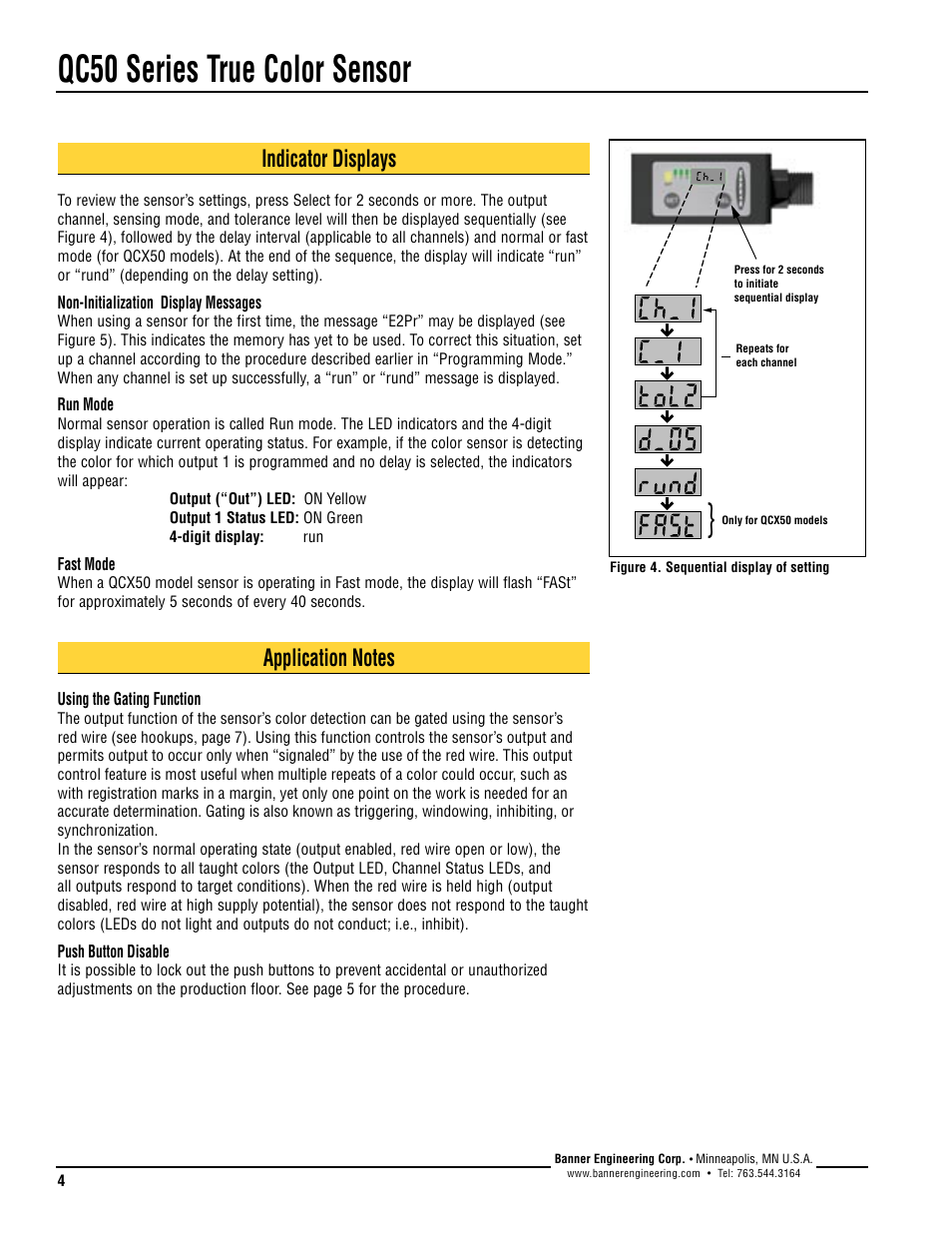 Qc50 series true color sensor, Indicator displays | Banner QC50 Series User Manual | Page 4 / 8