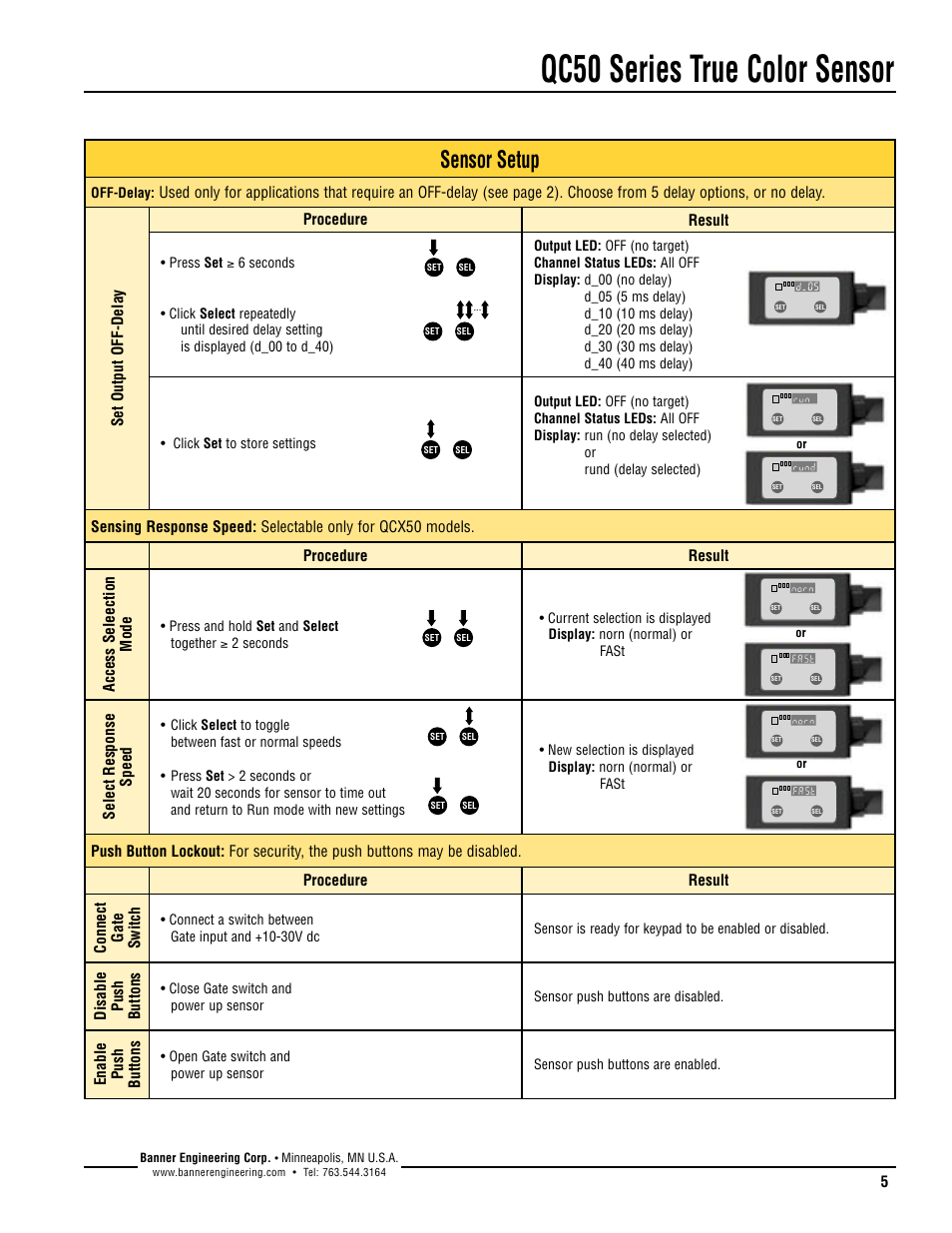 Qc50 series true color sensor, Sensor setup, Select response speed | Disable push buttons, Enable push buttons | Banner QC50 Series User Manual | Page 5 / 8