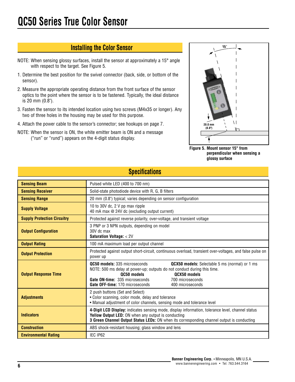 Qc50 series true color sensor, Specifications, Installing the color sensor | Banner QC50 Series User Manual | Page 6 / 8