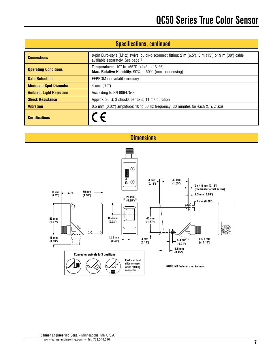Qc50 series true color sensor, Dimensions, Specifications, continued | Banner QC50 Series User Manual | Page 7 / 8