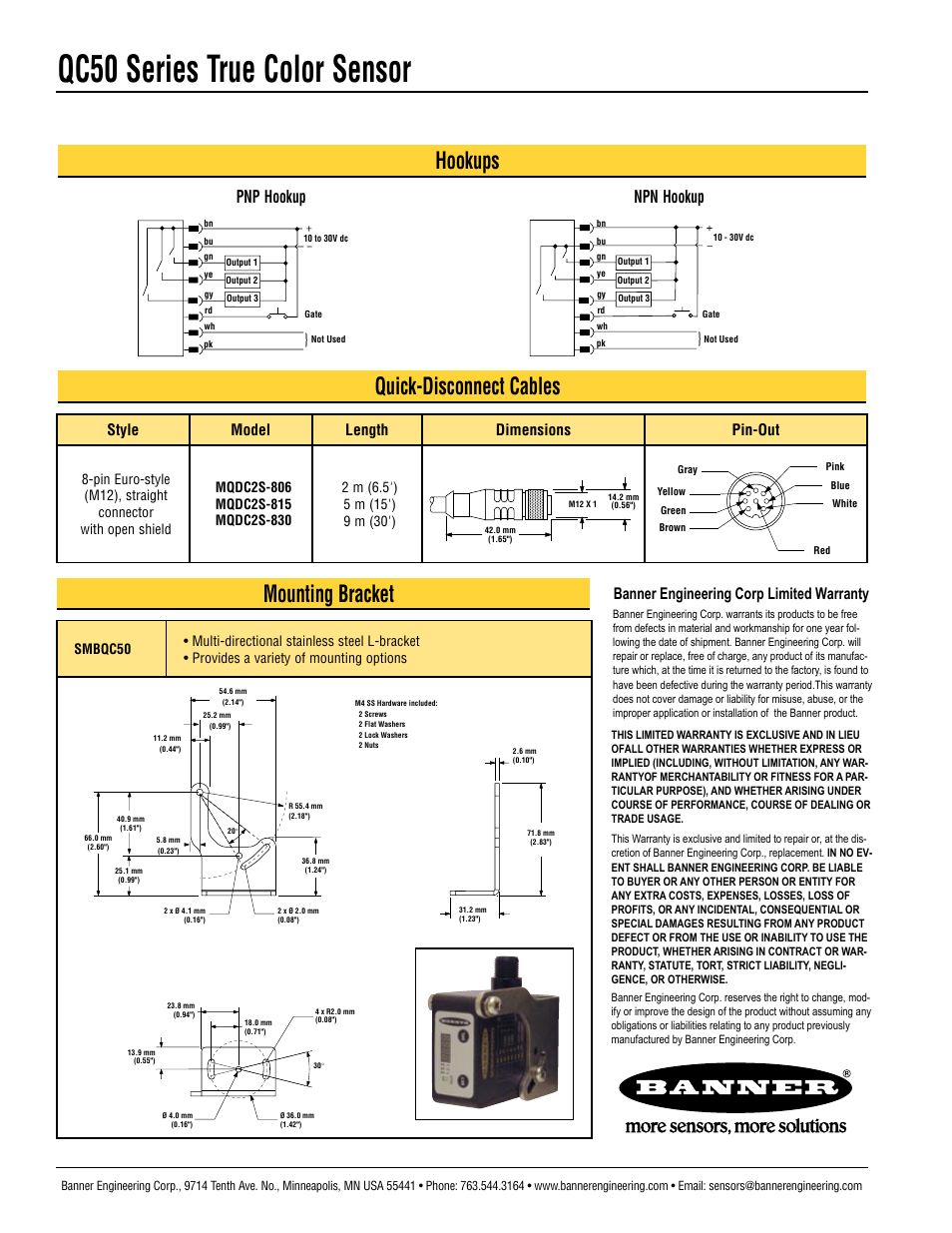 Qc50 series true color sensor, Hookups, Quick-disconnect cables | Mounting bracket, Pnp hookup, Npn hookup, Banner engineering corp limited warranty, Style model length dimensions pin-out | Banner QC50 Series User Manual | Page 8 / 8