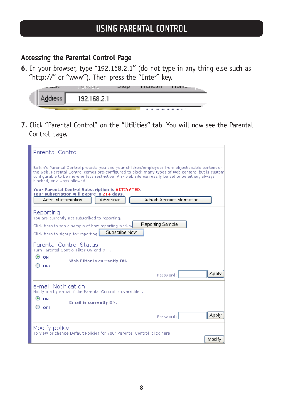 Using parental control | Belkin Parental Control Web Content Filter User Manual | Page 10 / 20