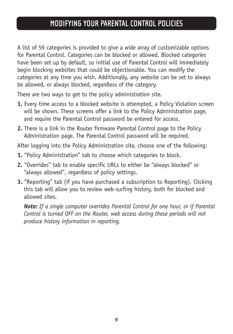 Modifying your parental control policies | Belkin Parental Control Web Content Filter User Manual | Page 11 / 20