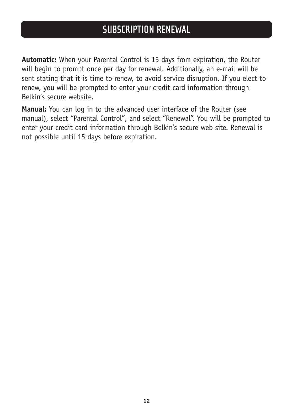 Subscription renewal | Belkin Parental Control Web Content Filter User Manual | Page 14 / 20