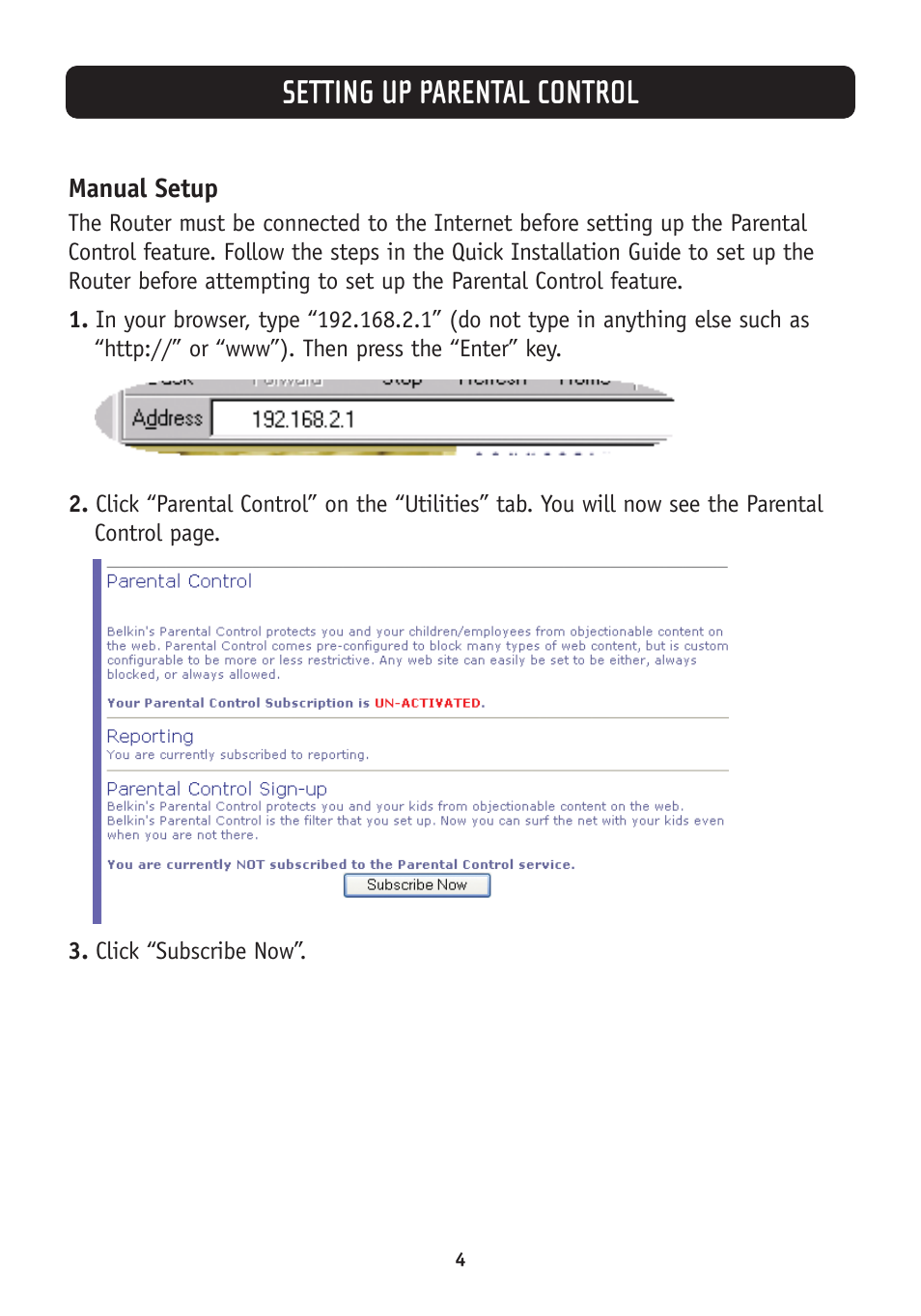 Setting up parental control | Belkin Parental Control Web Content Filter User Manual | Page 6 / 20