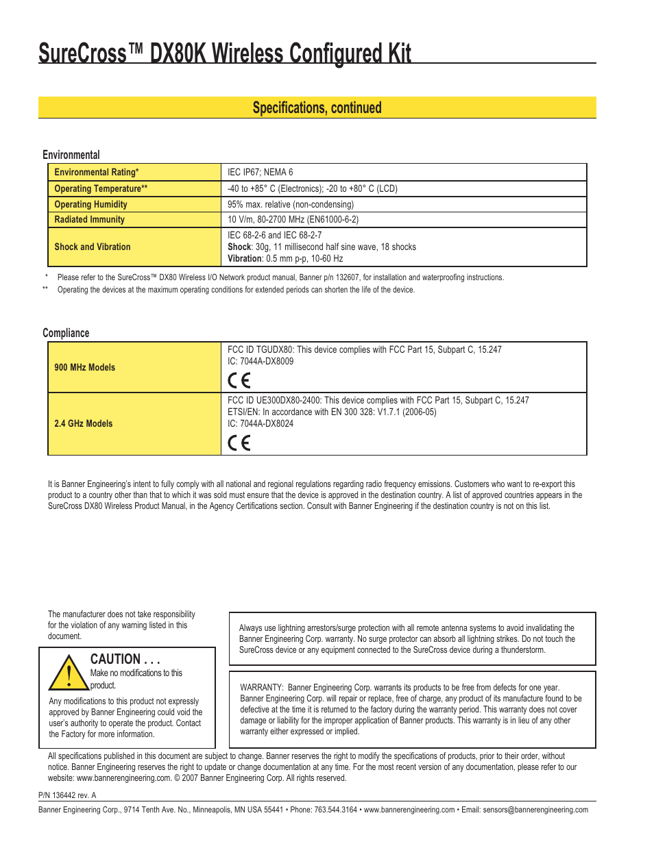 Surecross™ dx80k wireless configured kit, Specifications, continued, Caution | Banner SureCross DX80 Wireless Networks User Manual | Page 4 / 4