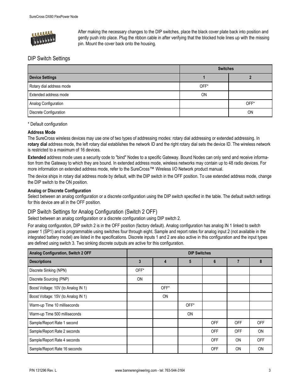 Dip switch settings | Banner SureCross DX80 Wireless Networks User Manual | Page 3 / 10