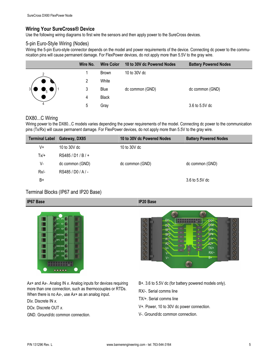 Wiring your surecross® device, Pin euro-style wiring (nodes), Dx80...c wiring | Terminal blocks (ip67 and ip20 base) | Banner SureCross DX80 Wireless Networks User Manual | Page 5 / 10