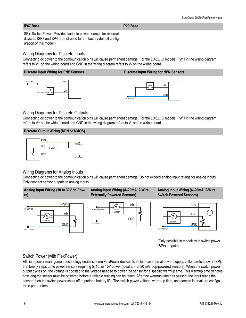 Wiring diagrams for discrete inputs, Wiring diagrams for discrete outputs, Wiring diagrams for analog inputs | Switch power (with flexpower) | Banner SureCross DX80 Wireless Networks User Manual | Page 6 / 10