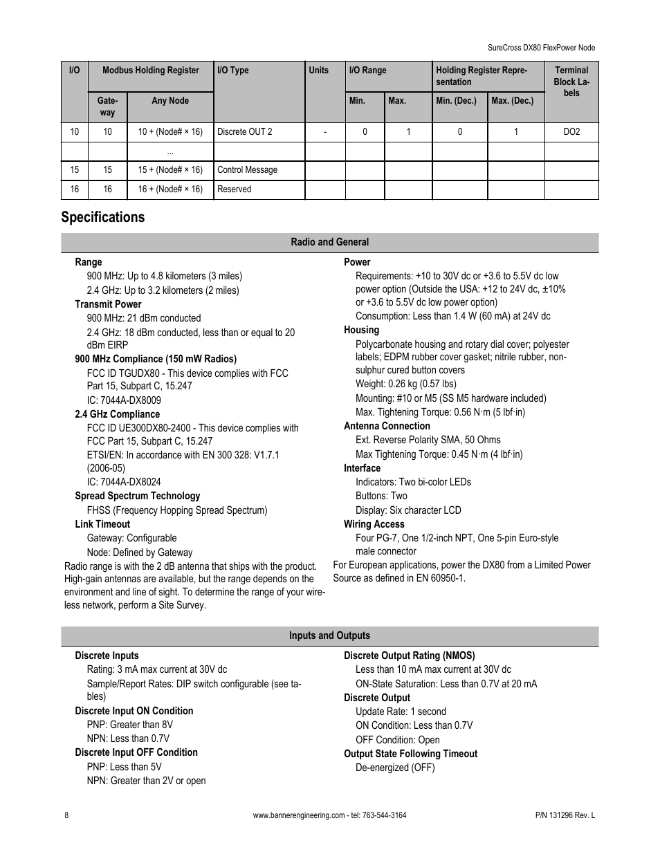 Specifications | Banner SureCross DX80 Wireless Networks User Manual | Page 8 / 10