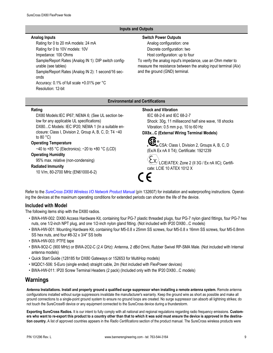 Warnings | Banner SureCross DX80 Wireless Networks User Manual | Page 9 / 10