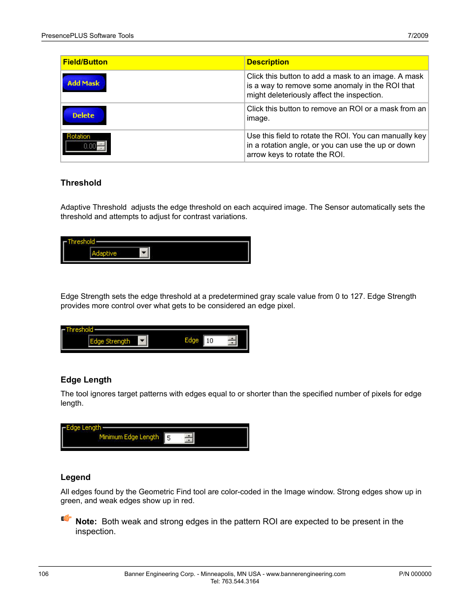 Threshold, Adaptive threshold, Edge strength | Edge length, Legend | Banner PresencePLUS P4 GEO 1.3 Series User Manual | Page 106 / 256
