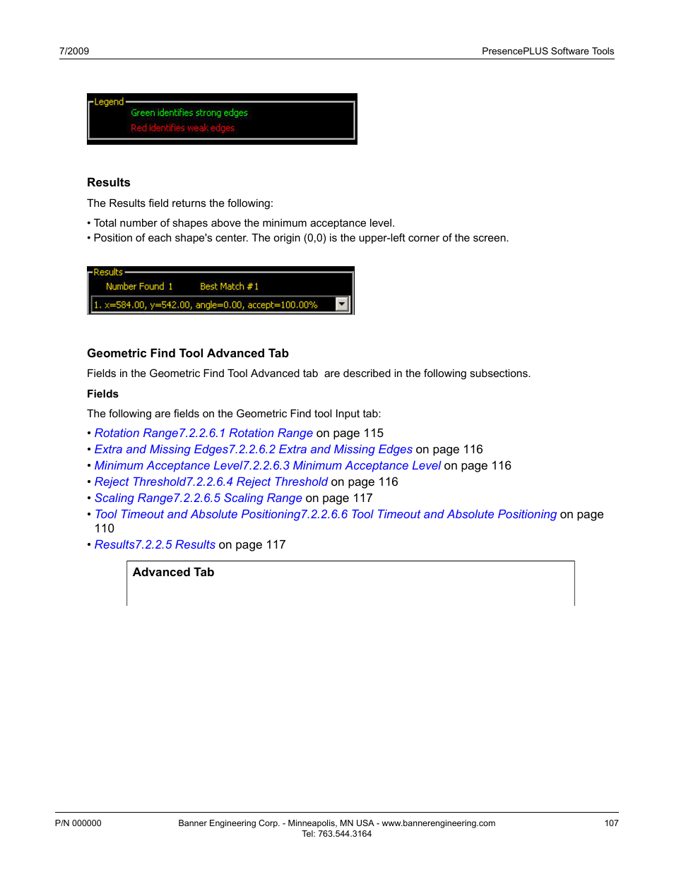 Results, Geometric find tool advanced tab | Banner PresencePLUS P4 GEO 1.3 Series User Manual | Page 107 / 256