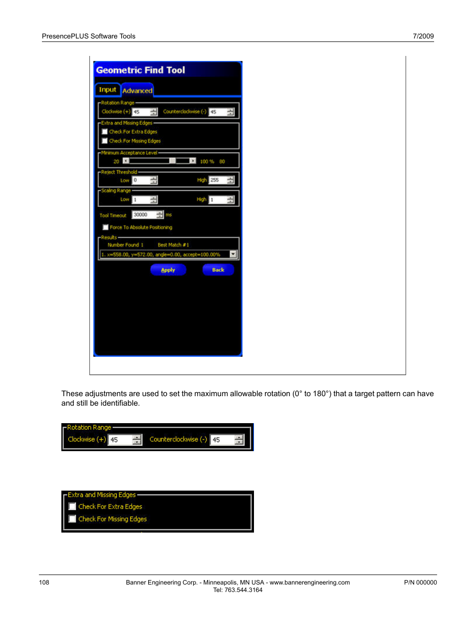 Rotation range, Extra and missing edges | Banner PresencePLUS P4 GEO 1.3 Series User Manual | Page 108 / 256