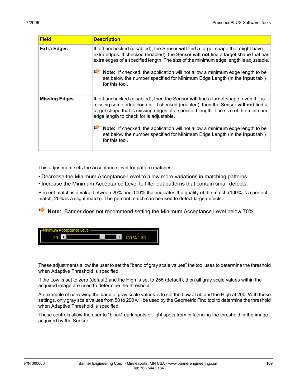 Minimum acceptance level, Reject threshold | Banner PresencePLUS P4 GEO 1.3 Series User Manual | Page 109 / 256